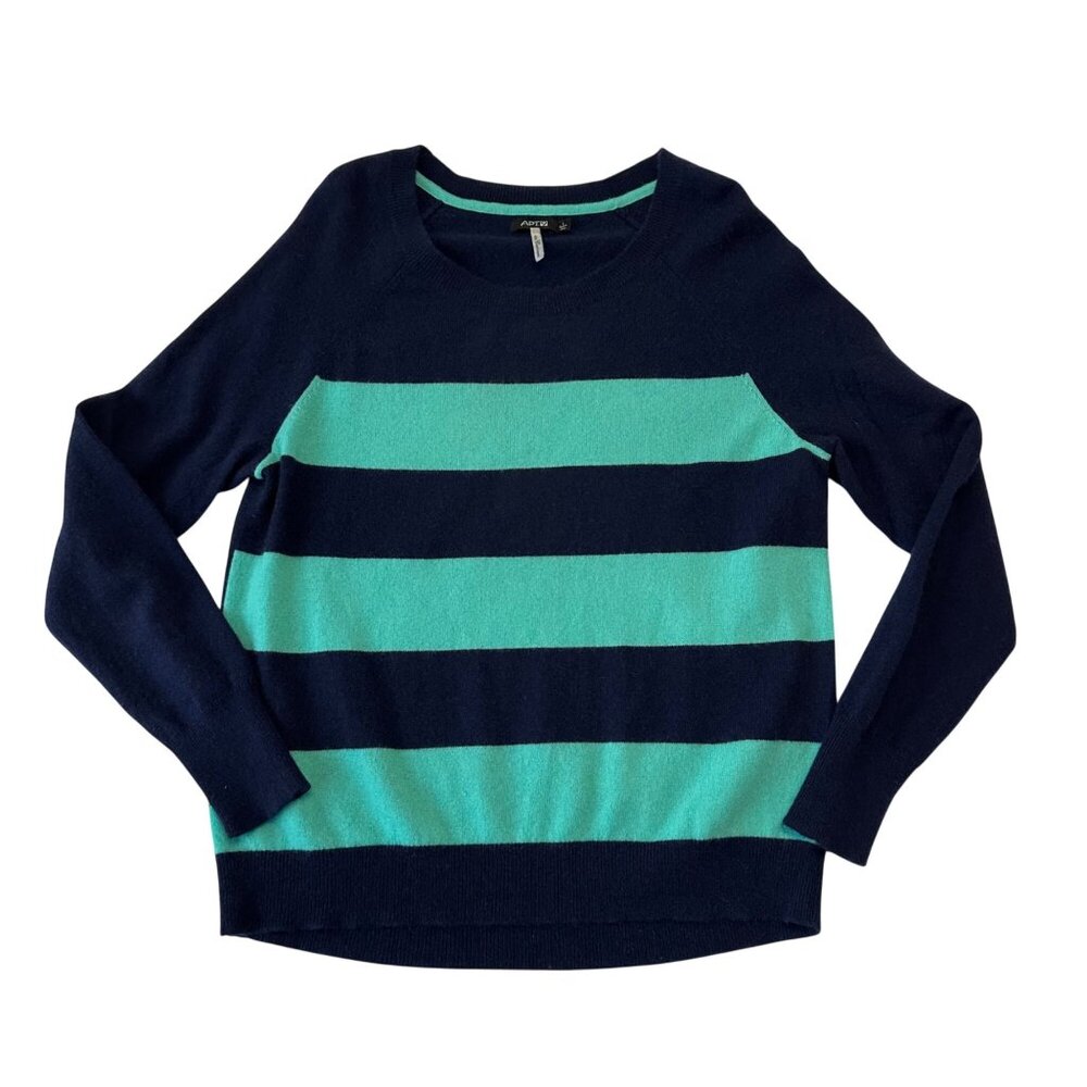 Apt 9 100% Cashmere Pullover Sweater Womens Size L Blue Teal Striped Classic